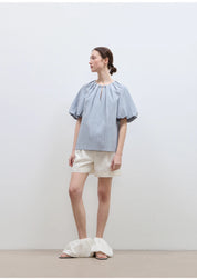 "Iceland Diary" neckline pleated design round neck tie puff sleeve short sleeve shirt for women