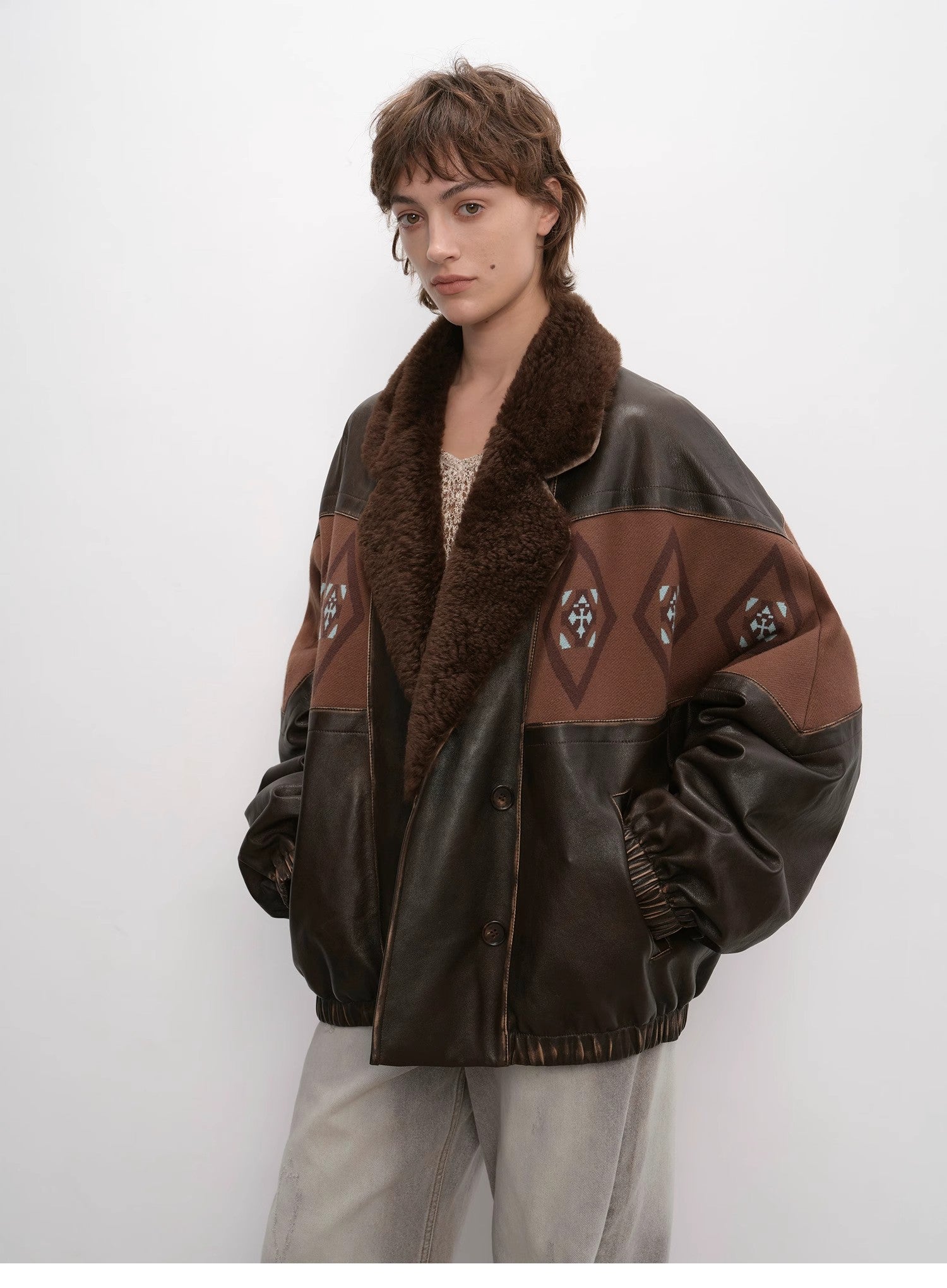 "Jumping City" Imported Suede Sheep Leather Sheep Curl Lapel White Goose Down Parka