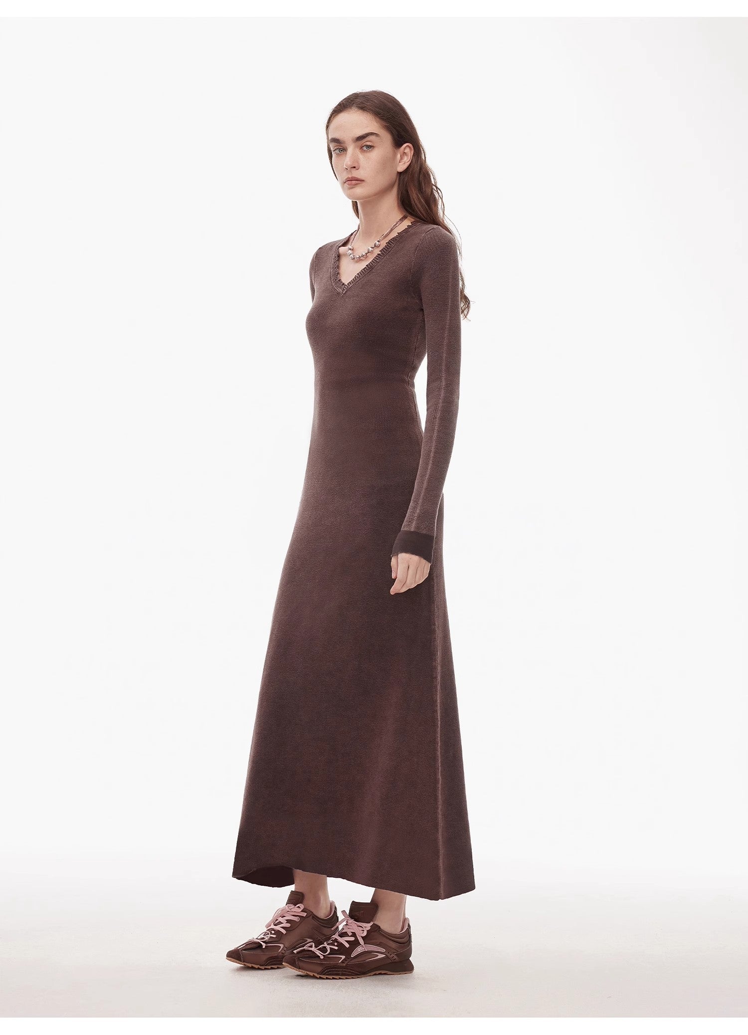 "Kalle Morning" fashionable fermented washed distressed raw edge V-neck waist dress for women