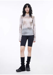 Smudge-printed mesh slightly see-through long-sleeved T-shirt for women