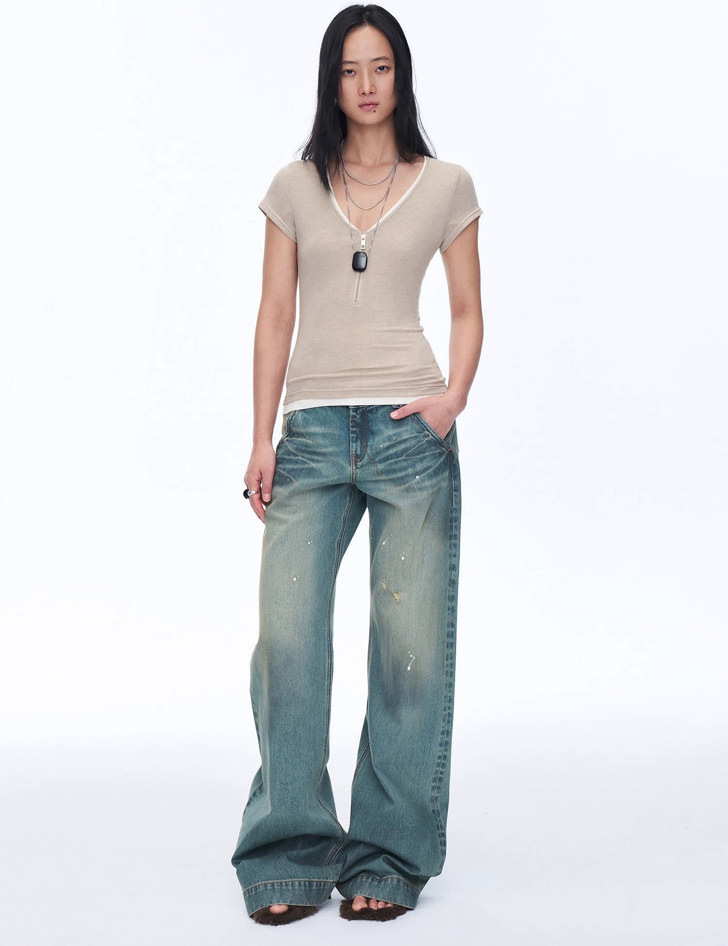 Women's Loose Australian Wool Tencel Deep V-neck Zipper Short Sleeve Tops T-shirt"Tunic Blouses Simple Color Silent Film"