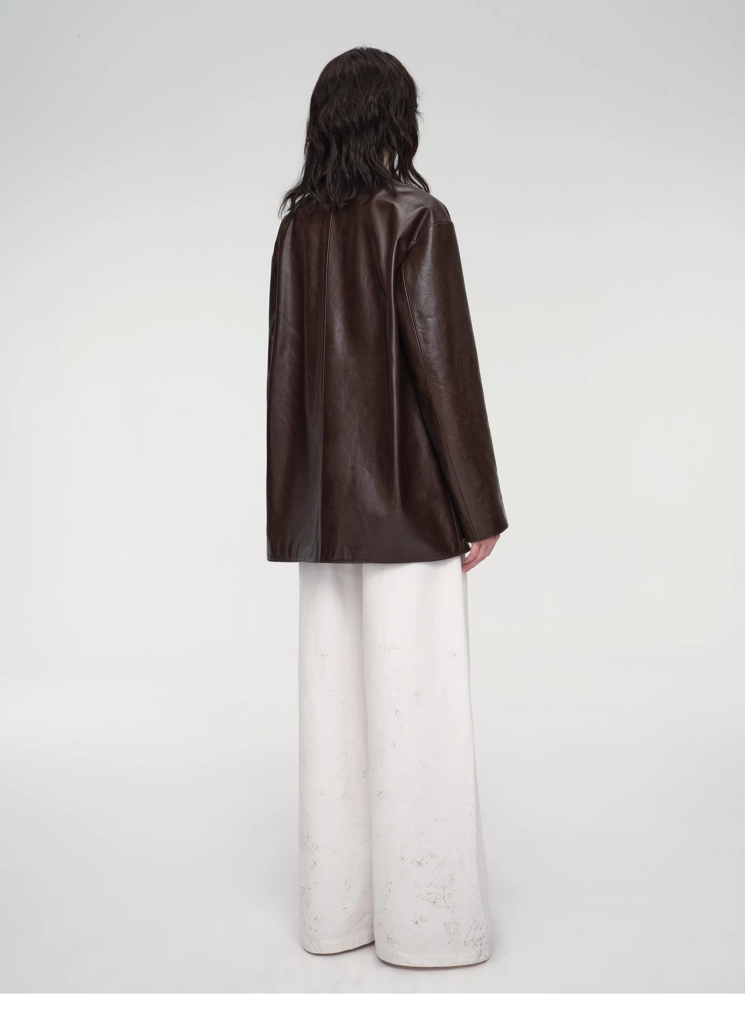 "Fashionable Kuoxi" goatskin simple and versatile retro suit-style leather windbreaker jacket