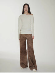 "Vintage Walk" Retro nostalgic chenille suede mid-rise cashew smudge print scimitar pants