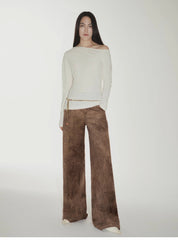 "Vintage Walk" Retro nostalgic chenille suede mid-rise cashew smudge print scimitar pants