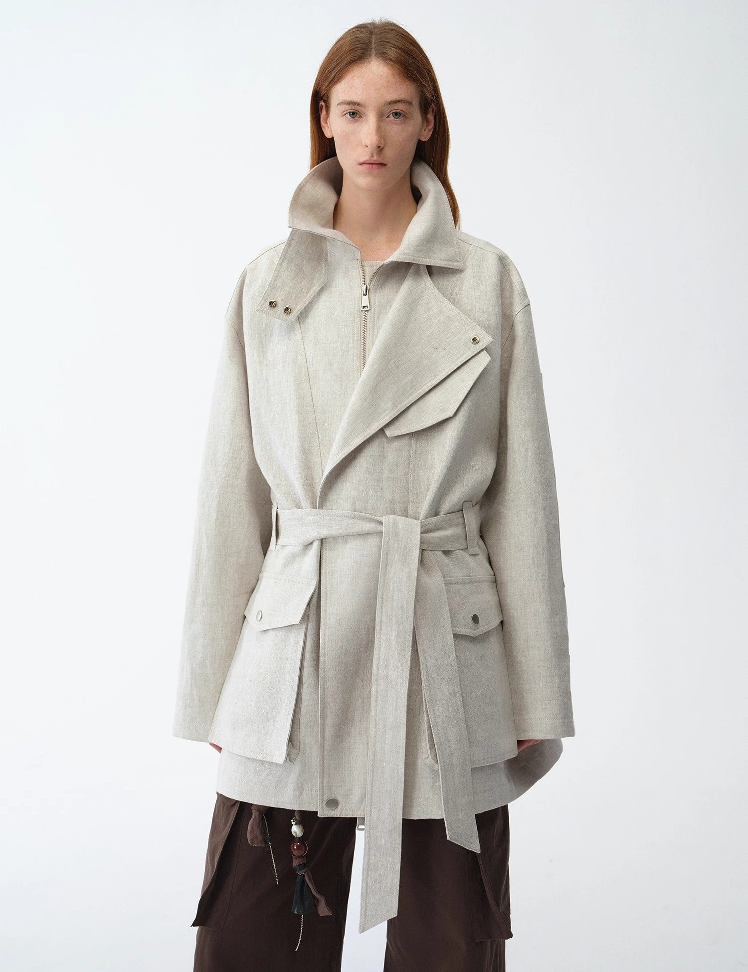 Relaxed Gold Linen Blend Lace-Up Mid-Length Trench Coat Spring"Flynn Magazine"