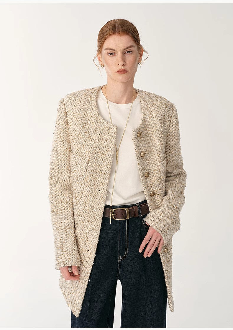 Heavy wool tweed high-end exquisite round neck patch pocket slim Chanel jacket for women