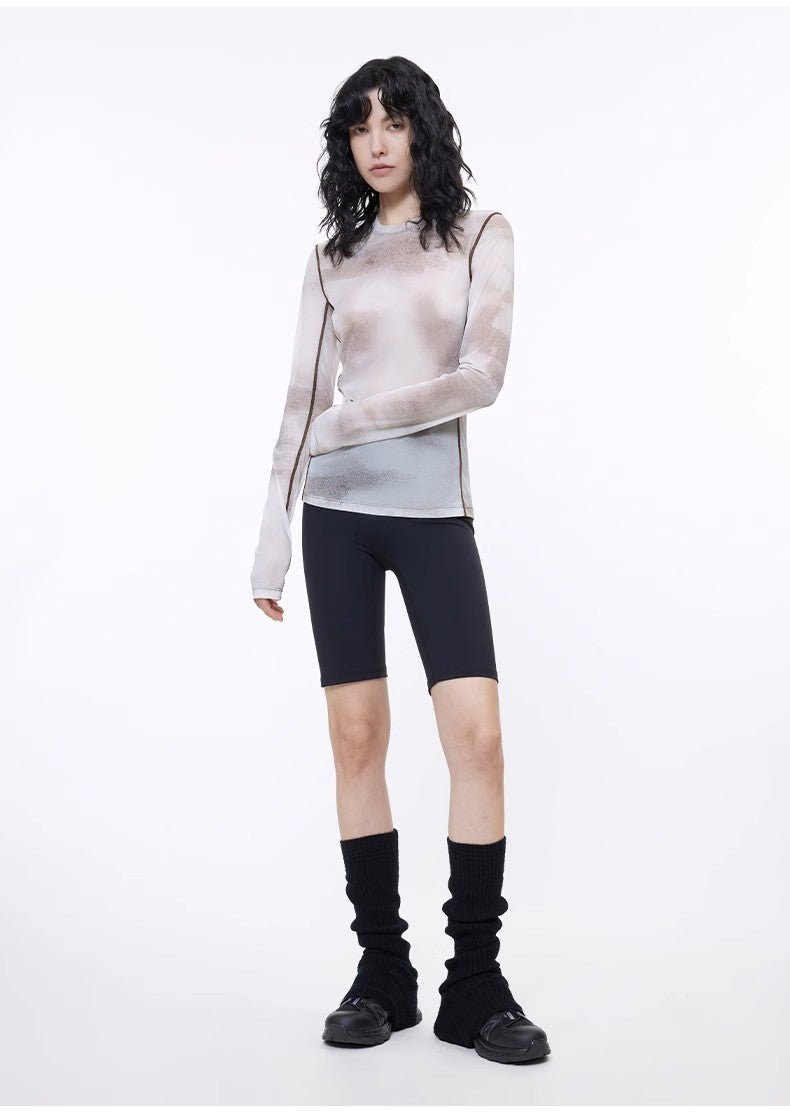 Smudge-printed mesh slightly see-through long-sleeved T-shirt for women