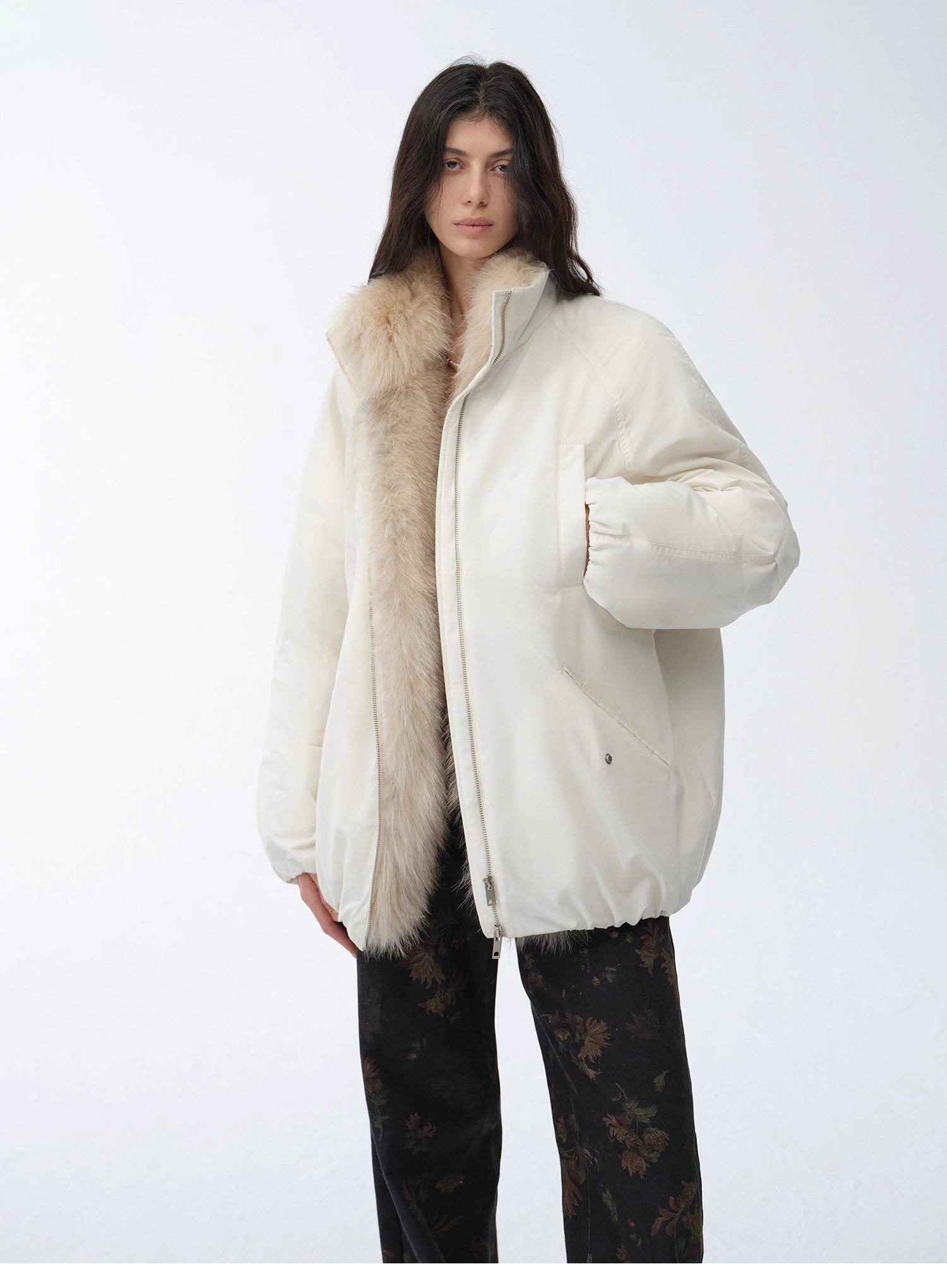 "Warm Dialogue" Two-tone fox fur collar detachable 90 goose down jacket mid-length down parka