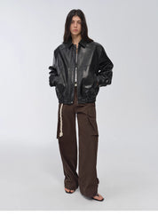 "Fashionable Luke" imported waxed sheepskin leather retro work jacket coat for women