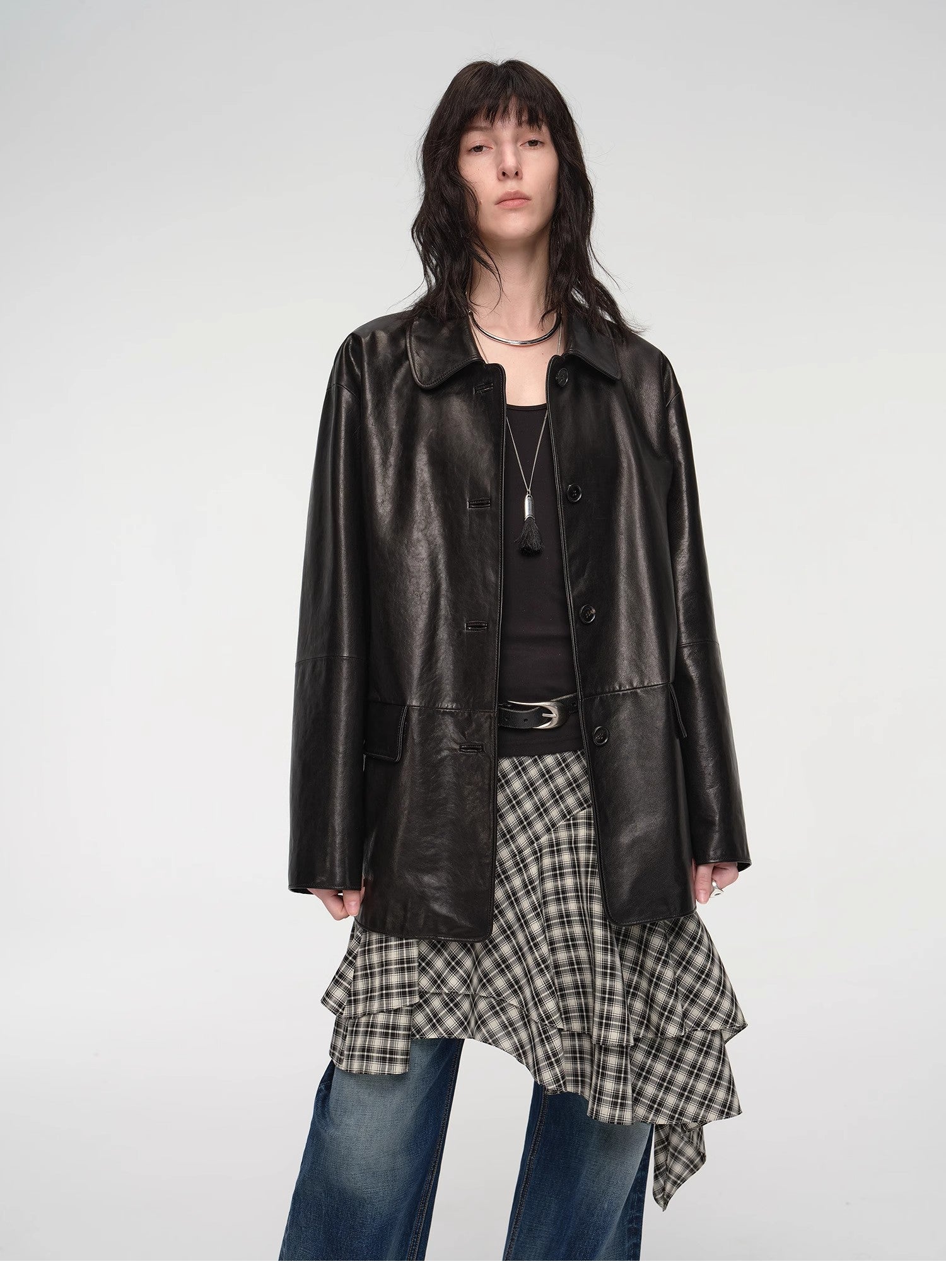 Goatskin simple and versatile retro suit-style leather windbreaker jacket "Fashionable Kosi"