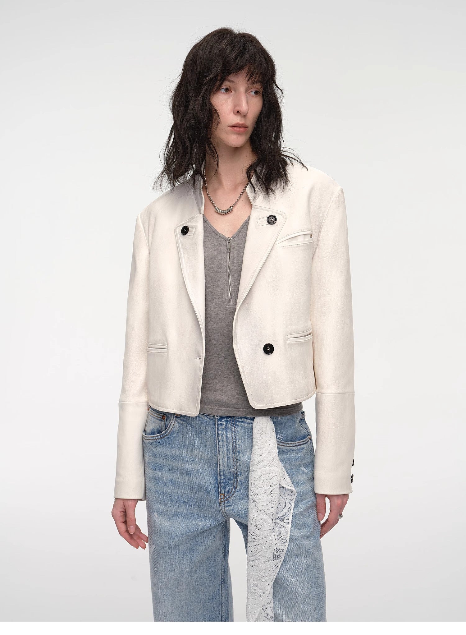 "Roman Story" Stand Collar Suit Sheepskin Leather Short Jacket