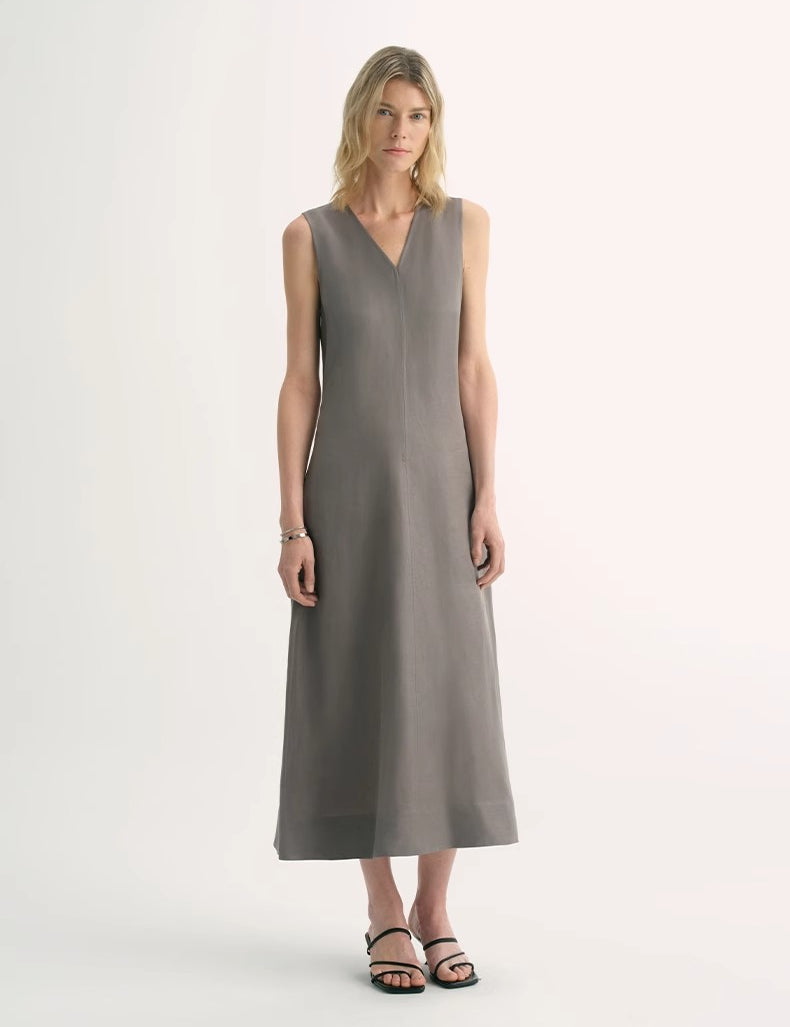 Lightweight and zero-pressure cupro linen textured anti-wrinkle V-neck sleeveless A-line dress