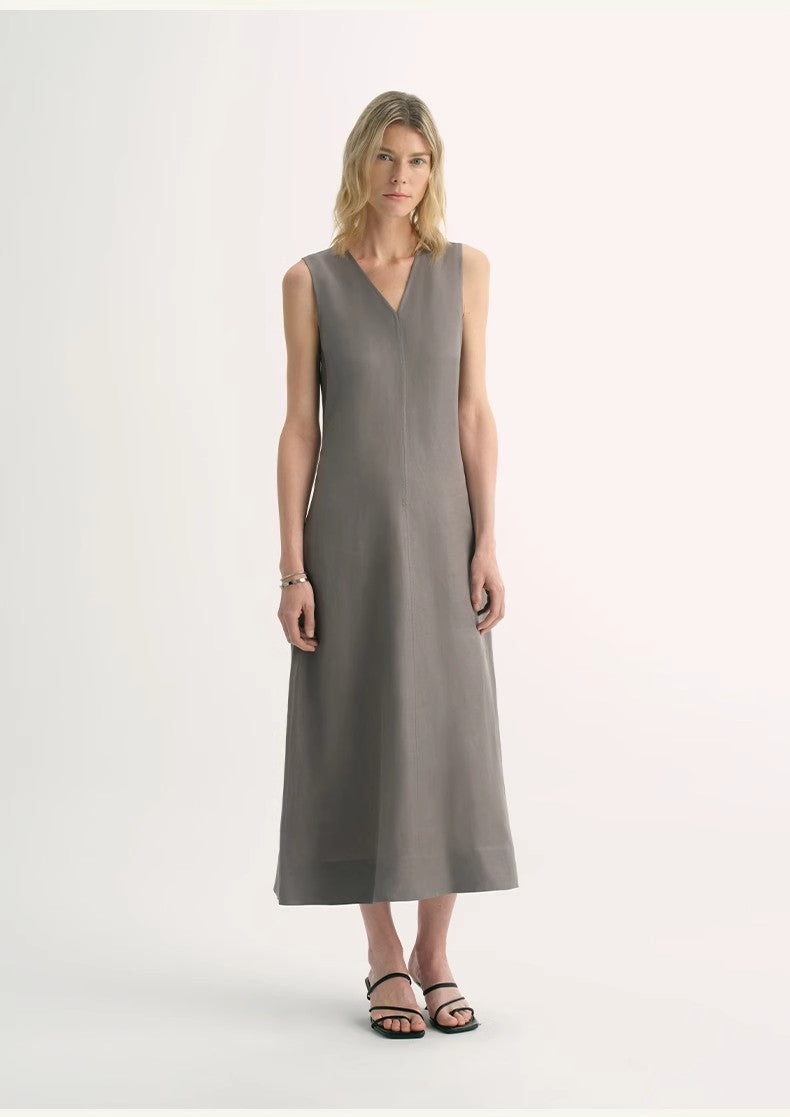 Lightweight and zero-pressure cupro linen textured anti-wrinkle V-neck sleeveless A-line dress