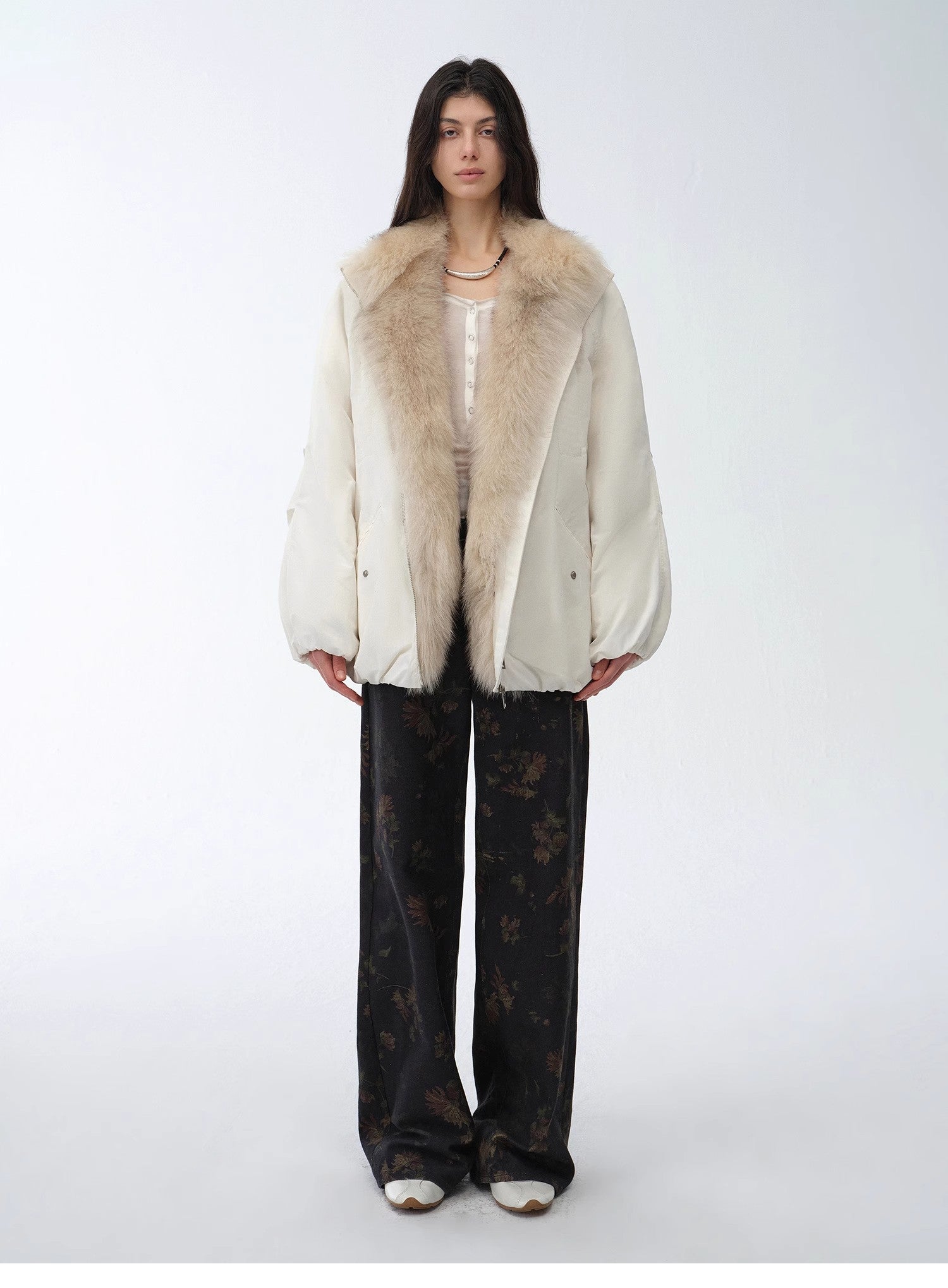 "Warm Dialogue" Two-tone fox fur collar detachable 90 goose down jacket mid-length down parka