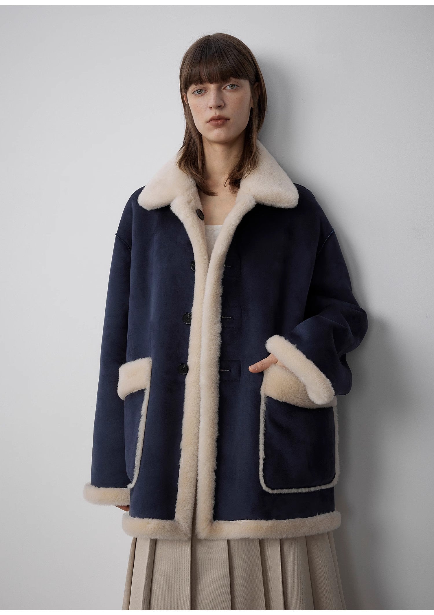 "Morning Mist and Evening Prayer"Women's Faux Sheepskin Fur Coat with Suede Fabric