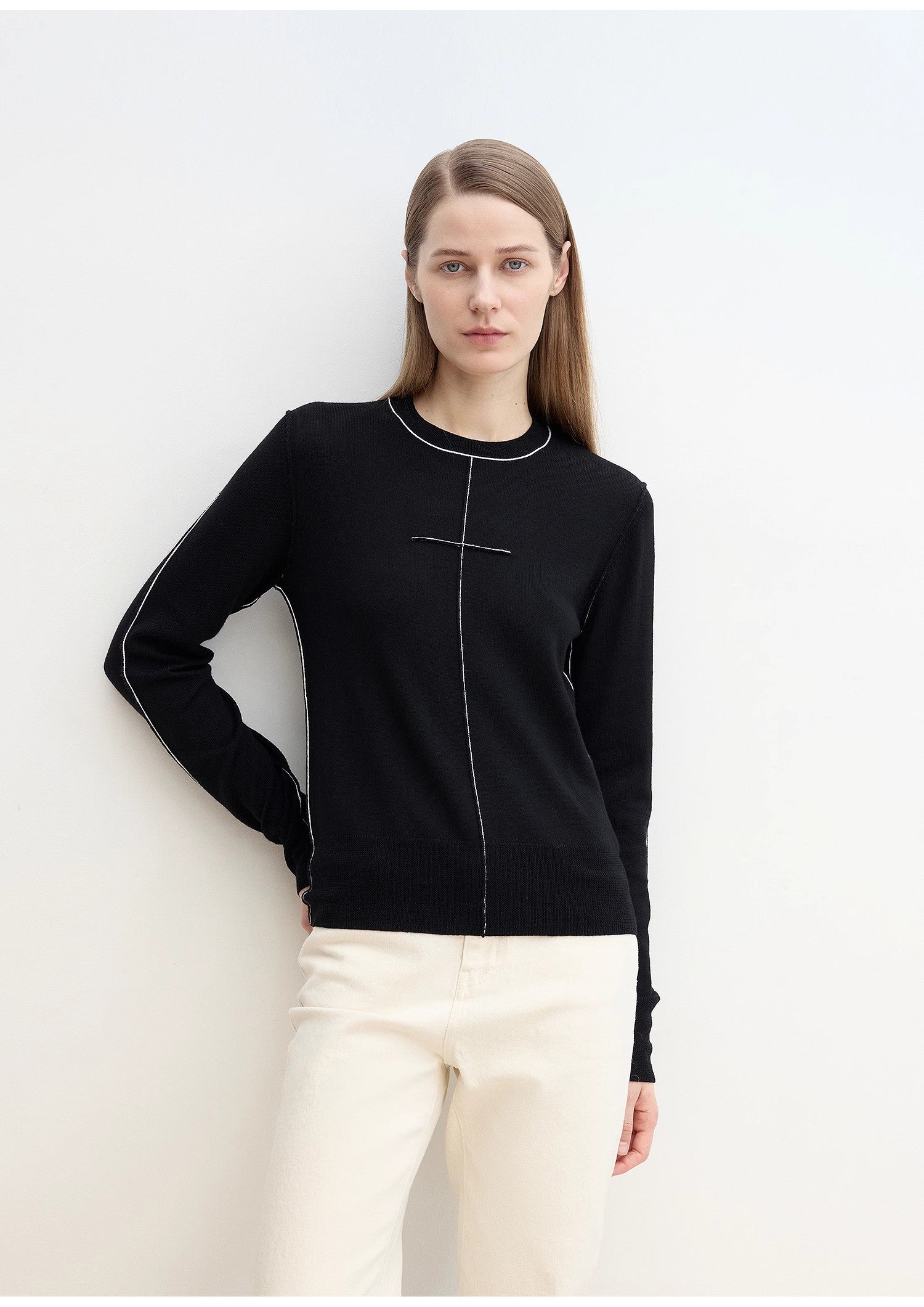 “Imbell"Imported Yangtze 30NM Contrast Stitch Wool Knit Skin-Friendly Short Top