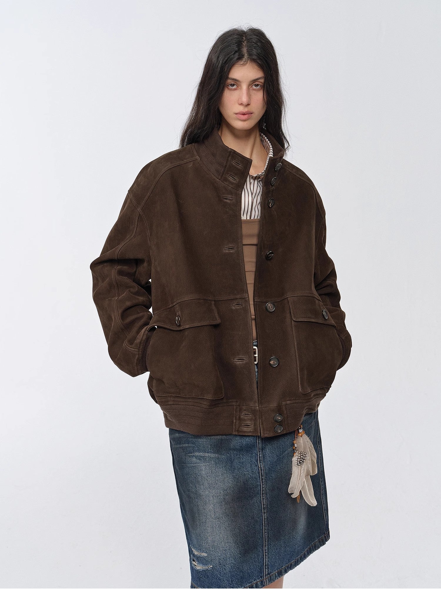 Vintage imported suede sheepskin leather ribbed patchwork jacket "Spring Whisper"