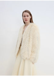 "Champagne on a Snowy Night" imported fox fur two-tone V-neck oblique stripe slim jacket