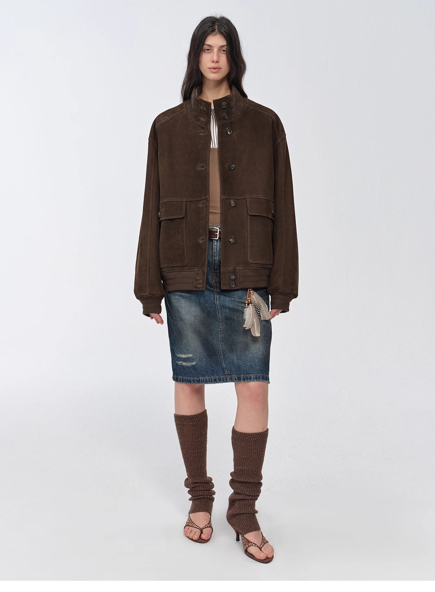 Vintage imported suede sheepskin leather ribbed patchwork jacket "Spring Whisper"