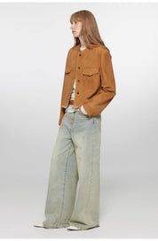 "Sunset Escape"Retro Suede Sheepskin Short Jacket with Structured Shoulders and Round Neck, Genuine Leather Outerwear