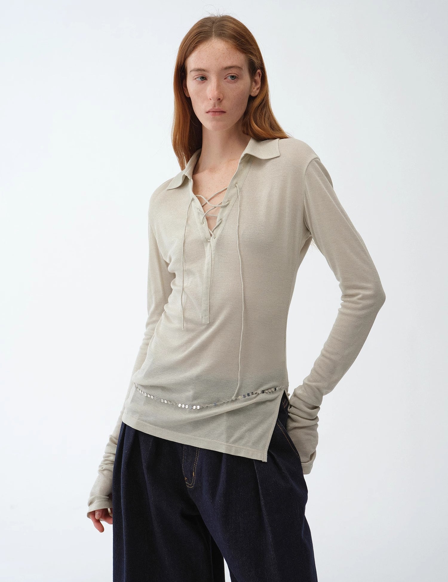 Light luxury silver silk knitted slightly transparent tie lapel slim drape long sleeve knitted top"Eiffel"