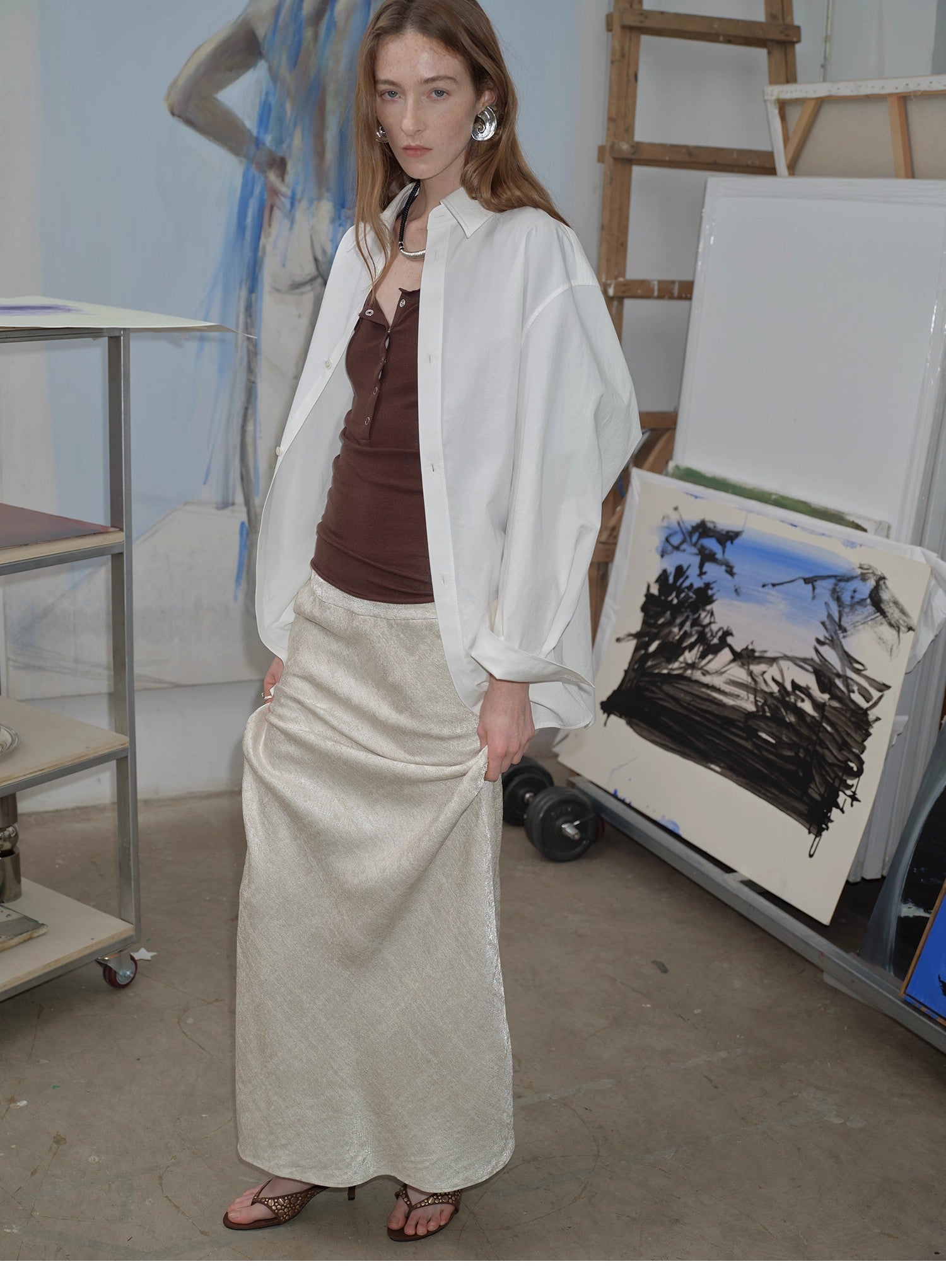 Loose casual standing straight silhouette deconstructed waist shirt “Moonlight Vermilion”