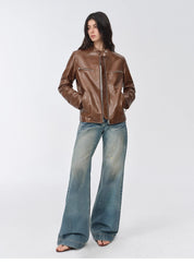 New Zealand imported waxed sheepskin/cowhide vintage motorcycle leather jacket "Manhattan Dark Night"