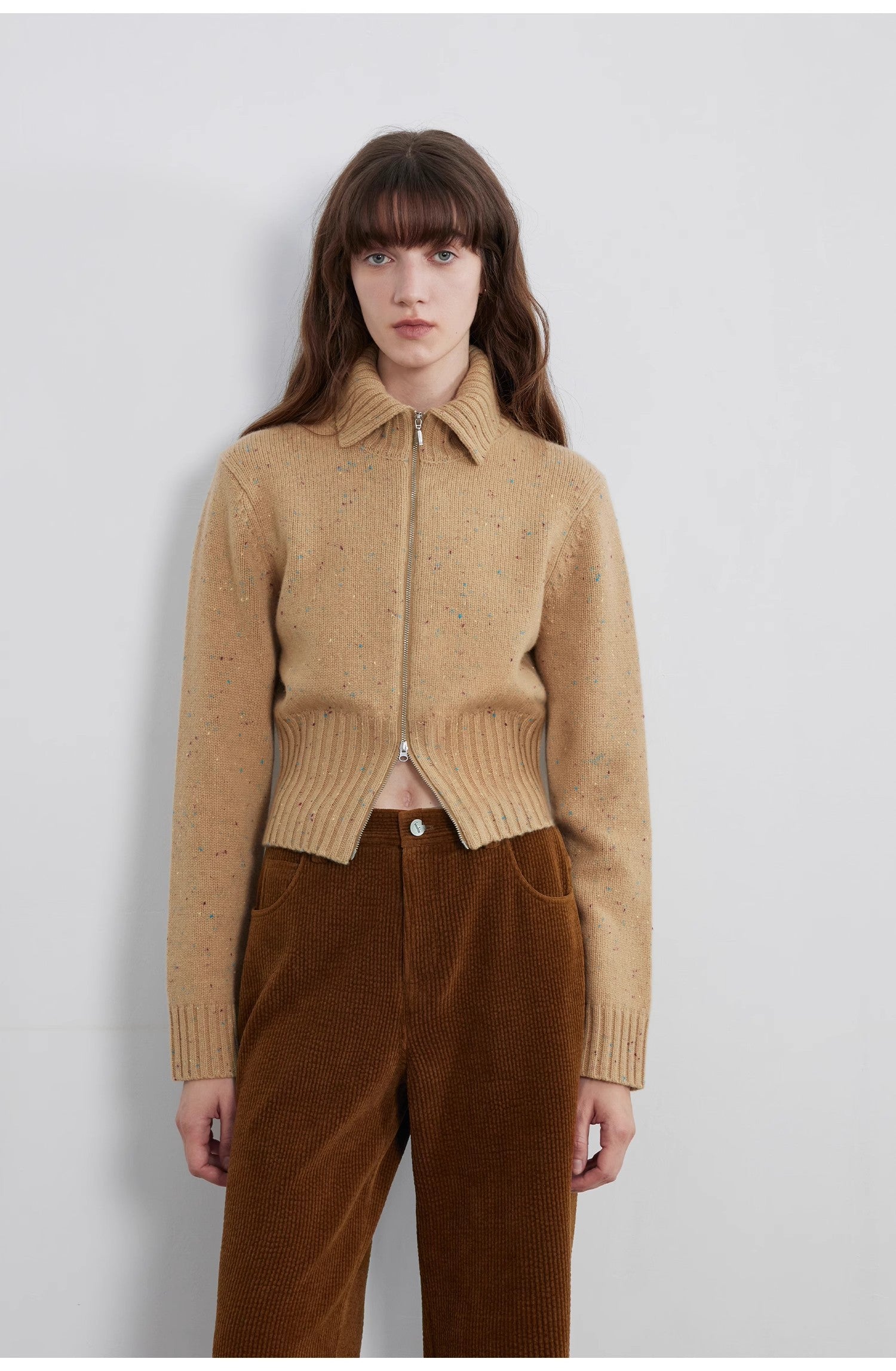 "Autumn Breeze Tea" colorful dotted wool-blend double-zip knitted cardigan short stand-up collar sweater