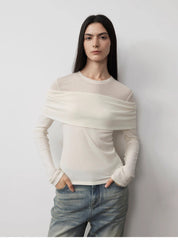 "Modern Tricks" personalized layered Tencel wool fake two-piece splicing one-shoulder versatile knitted top