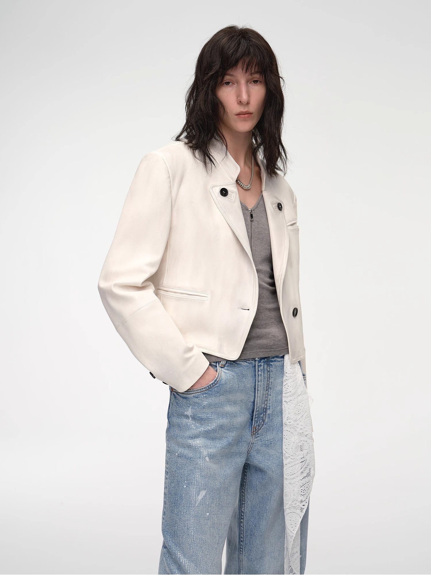 "Roman Story" Stand Collar Suit Sheepskin Leather Short Jacket