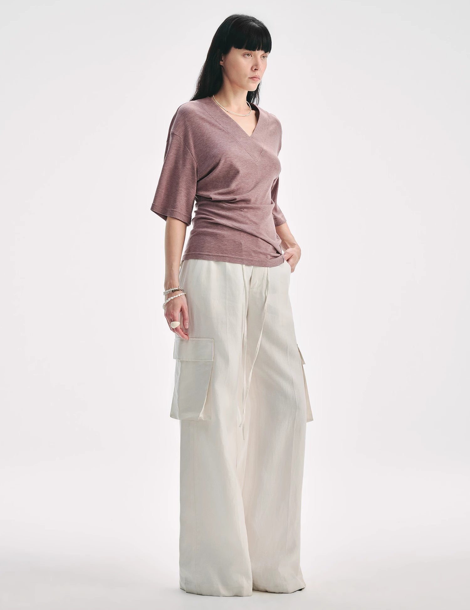 Silk Tencel blended pleated V-neck loose dropped shoulder T-shirt"Inspiration Bag"