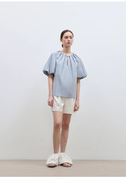 "Iceland Diary" neckline pleated design round neck tie puff sleeve short sleeve shirt for women