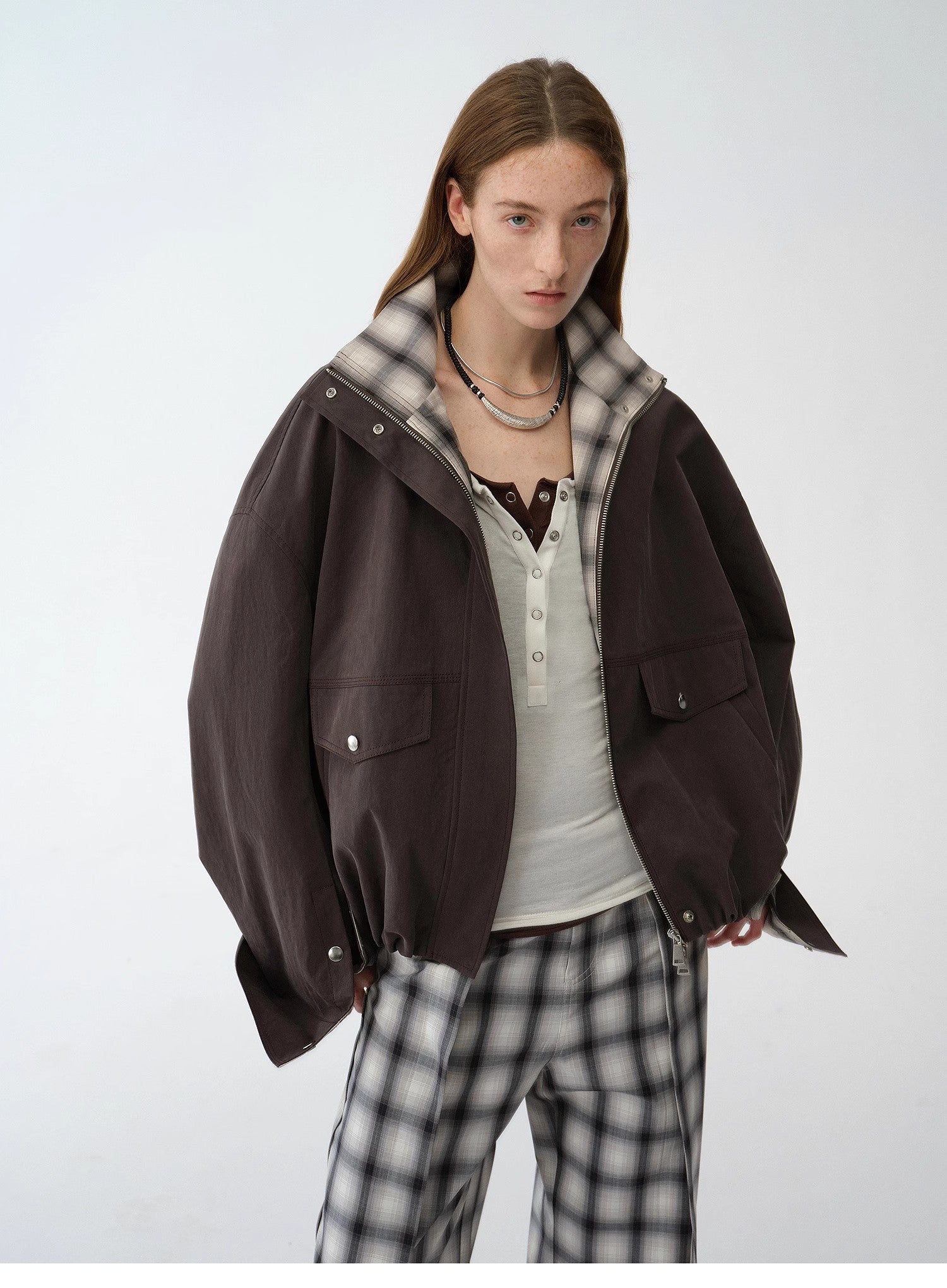 "Monsoon Climate" retro plaid stitching cotton fabric silhouette spring new short jacket for women