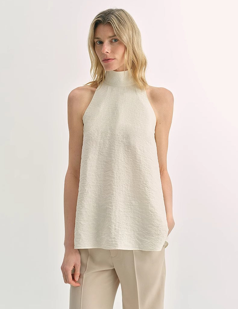 Luxury mulberry silk wrinkle-resistant small high collar A-line sleeveless top vest for women