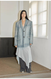 Custom-Dyed Washed Spray-Color Goat Leather Genuine Leather Blazer for Women, Vintage-Finish Leather Jacket “Nostalgic Denim”