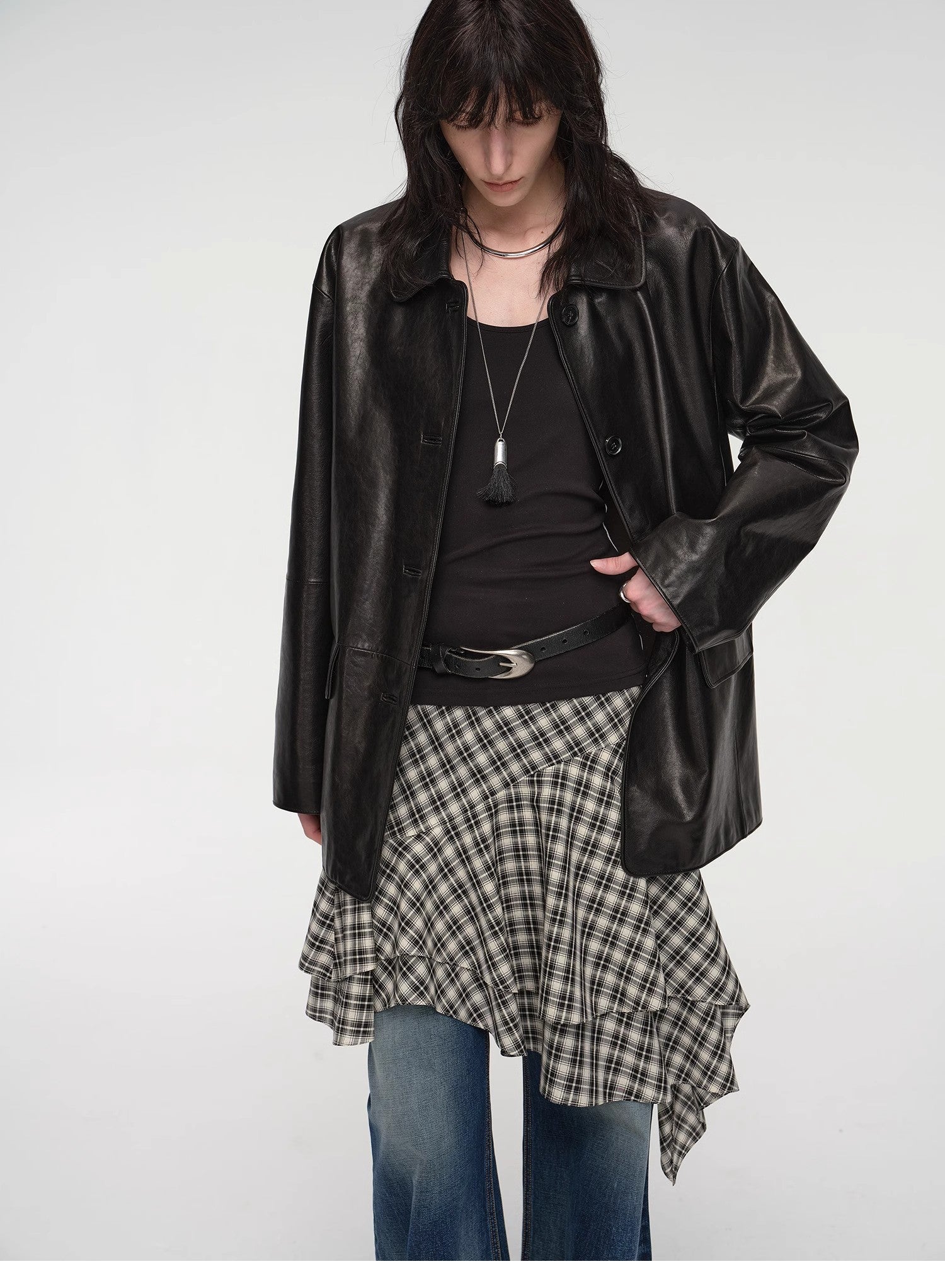 Goatskin simple and versatile retro suit-style leather windbreaker jacket "Fashionable Kosi"
