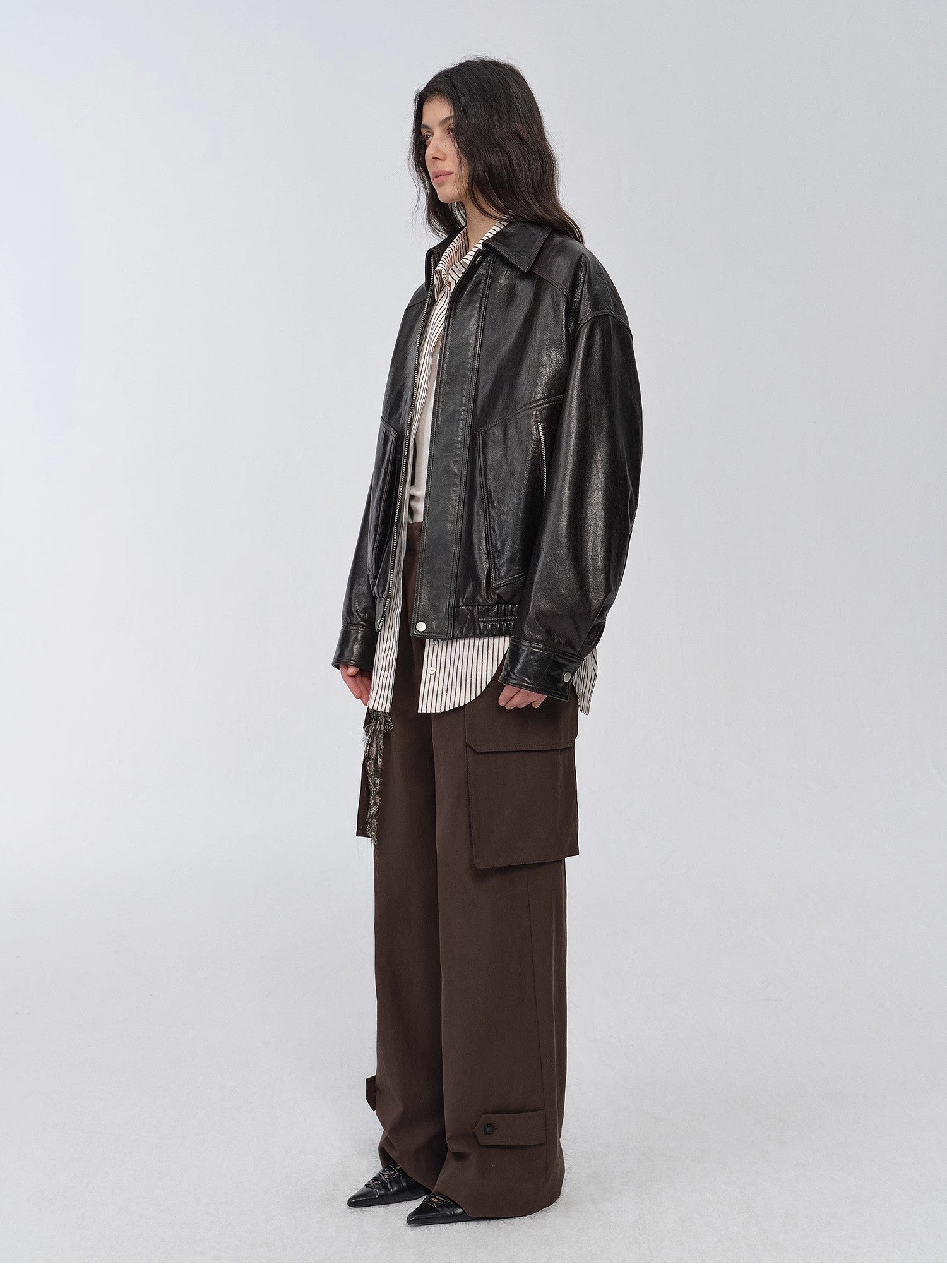 "New York International Student" Retro and fashionable imported waxed sheepskin leather bomber jacket