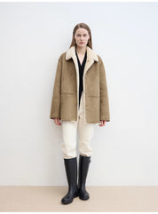 “Vintage Manor”High Quality Wool Contrast Lapel Reversible Artificial Compound Suede Shearling jacket