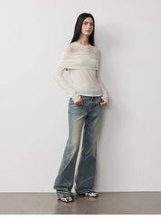 "Modern Tricks" personalized layered Tencel wool fake two-piece splicing one-shoulder versatile knitted top