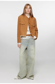 "Sunset Escape"Retro Suede Sheepskin Short Jacket with Structured Shoulders and Round Neck, Genuine Leather Outerwear