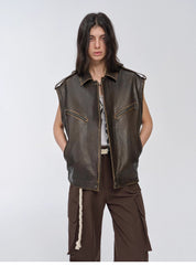 "Barn Feelings" Vintage distressed vegetable tanned sheepskin sleeves removable two-way genuine leather jacket