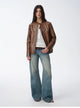 New Zealand imported waxed sheepskin/cowhide vintage motorcycle leather jacket "Manhattan Dark Night"