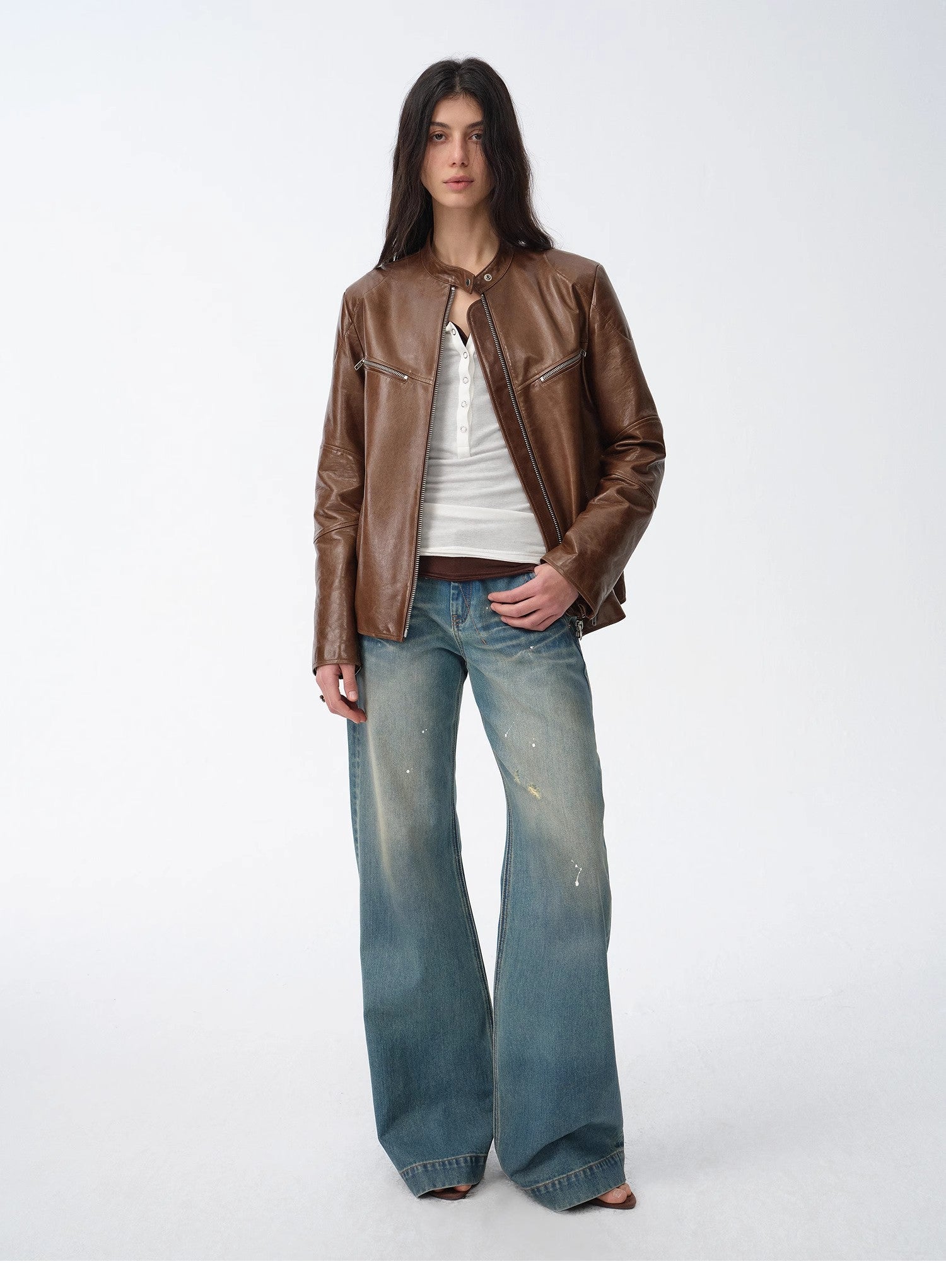 New Zealand imported waxed sheepskin/cowhide vintage motorcycle leather jacket "Manhattan Dark Night"