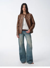 New Zealand imported waxed sheepskin/cowhide vintage motorcycle leather jacket "Manhattan Dark Night"