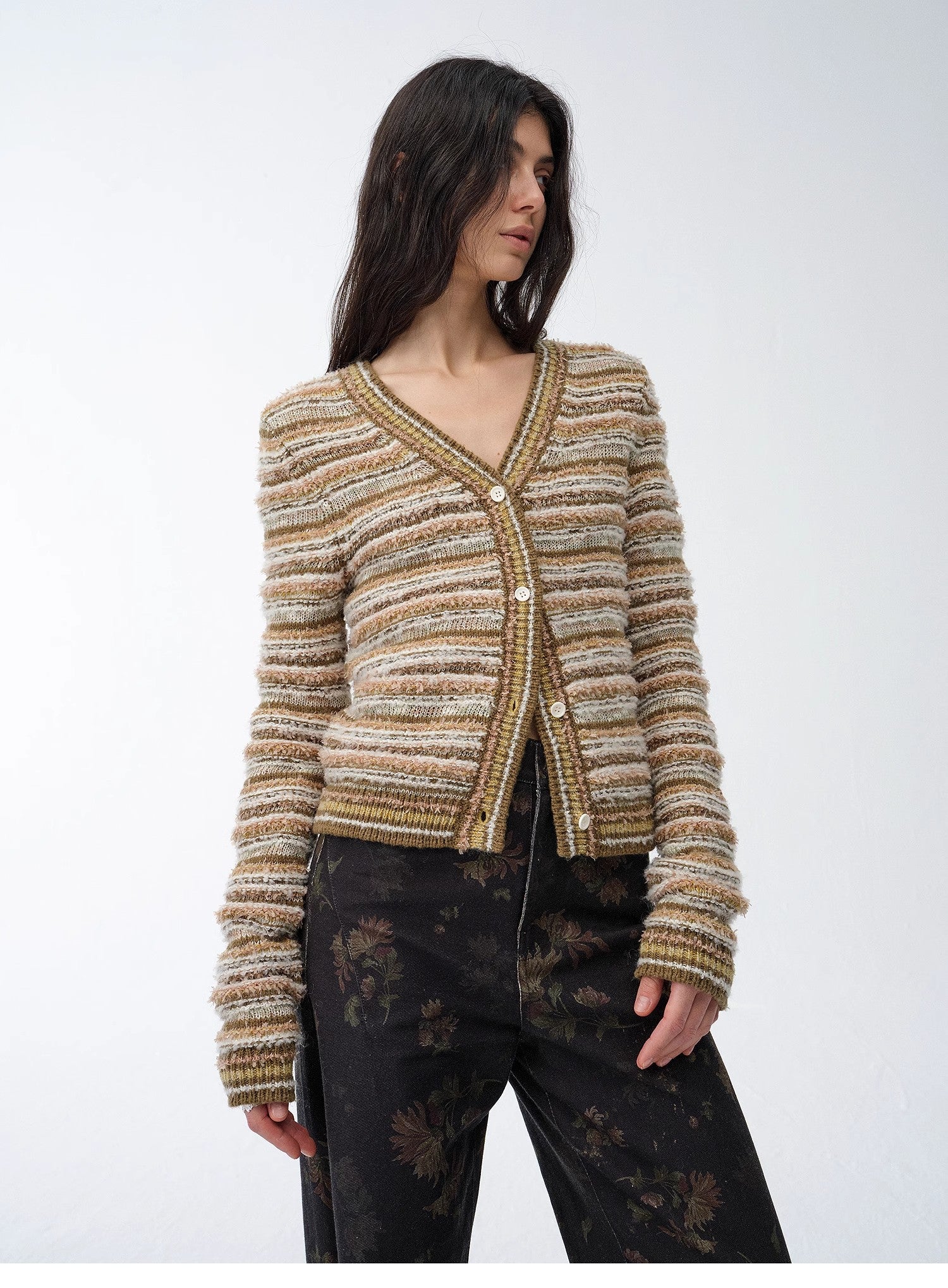 Nice Weekend Scented Striped Blended V-Neck Early Spring Layered Knitted Cardigan Top