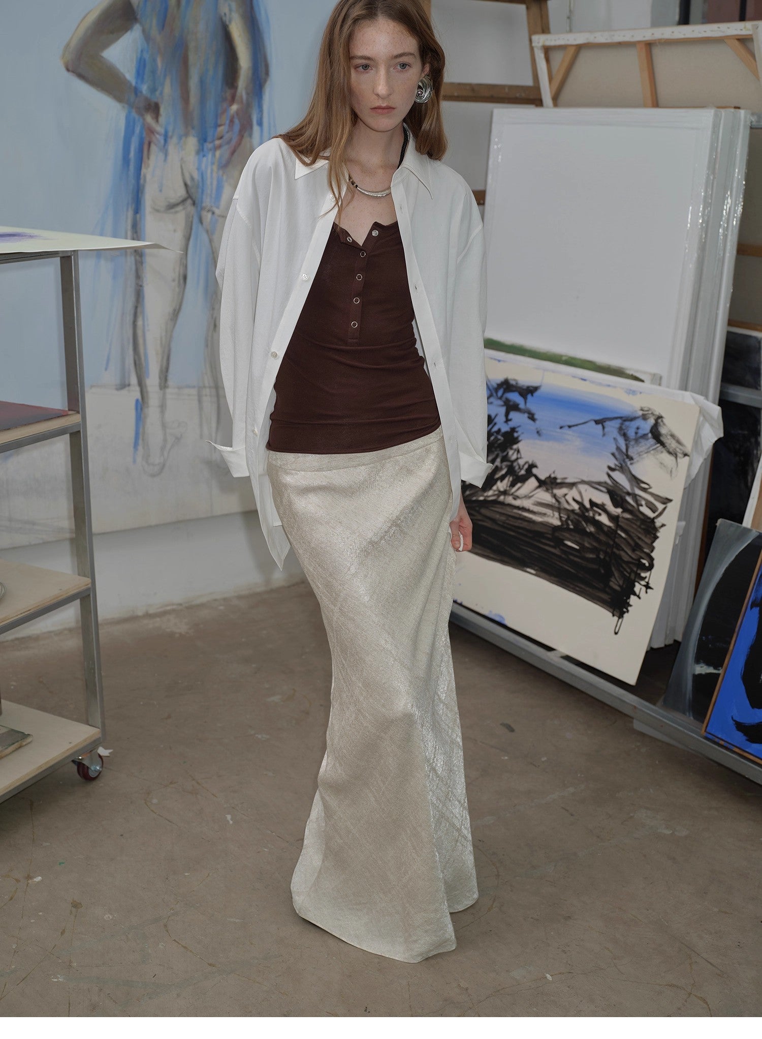Loose casual standing straight silhouette deconstructed waist shirt “Moonlight Vermilion”