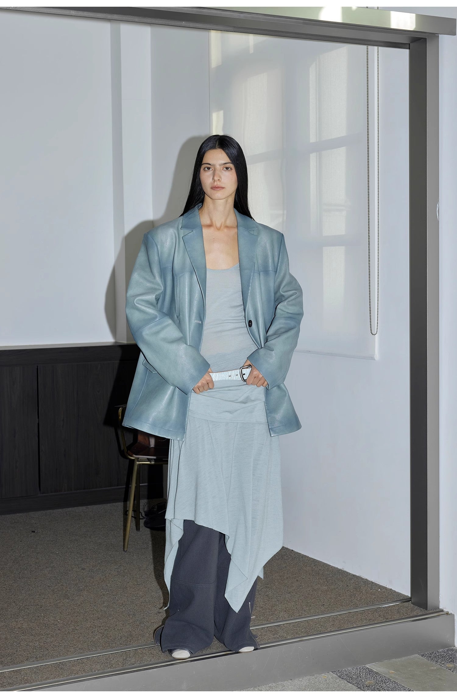 Custom-Dyed Washed Spray-Color Goat Leather Genuine Leather Blazer for Women, Vintage-Finish Leather Jacket “Nostalgic Denim”
