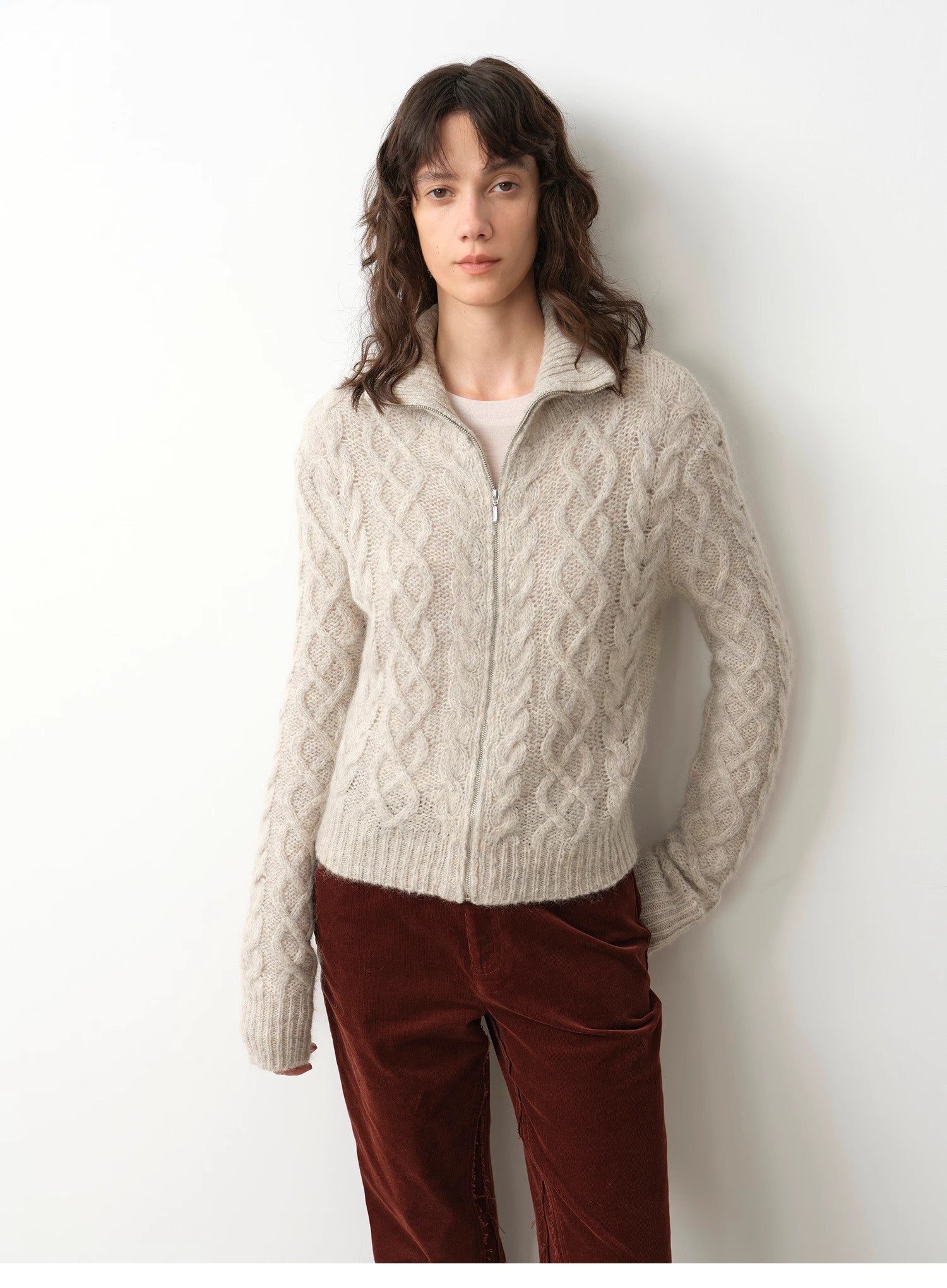 "Romantic Cable" vintage warm flower basic mohair wool cable blend zipper knitted cardigan