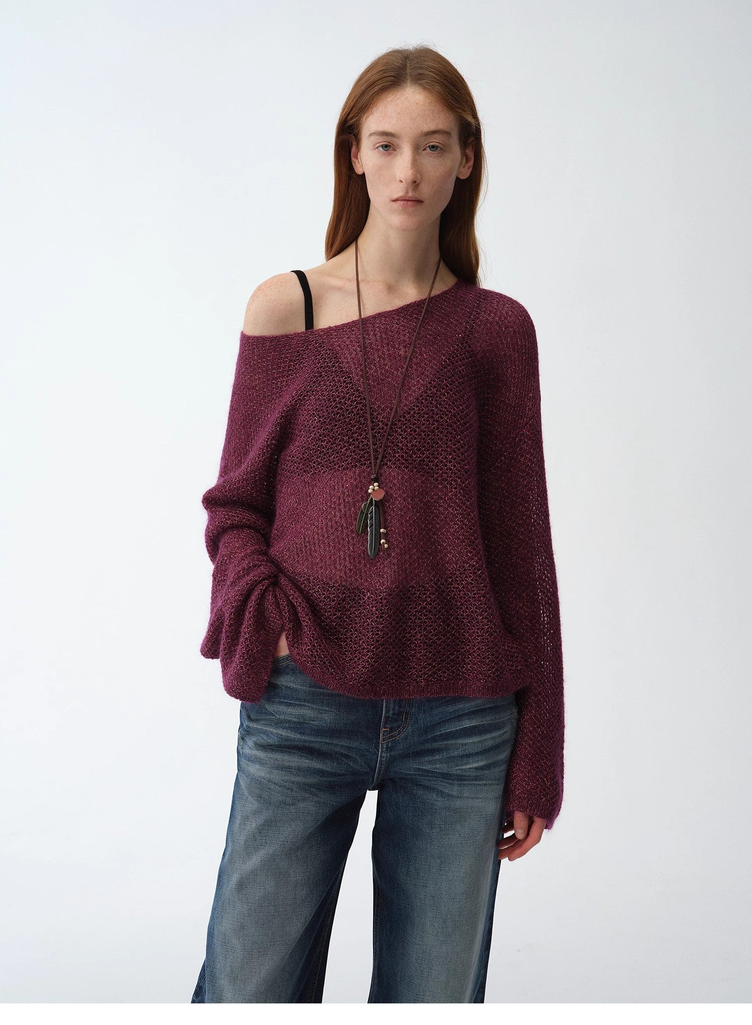 "Sparkling Spring" Mohair Blended Fancy Yarn Boat Neck Sequin Hollow Sweater Top