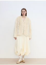 "Champagne on a Snowy Night" imported fox fur two-tone V-neck oblique stripe slim jacket